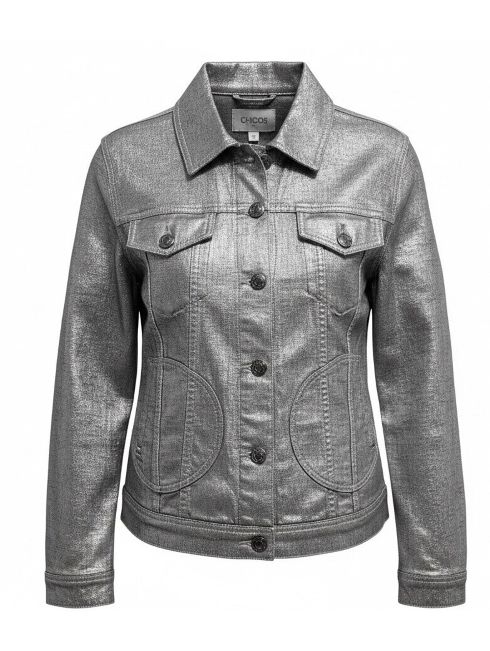 Chicos Size 2(L) Silver Moto Trucker Jacket Pockets Stretch Boho Grunge Gothic